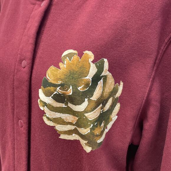 Hand Printed Medium Upcycled Rustic Woody Pine Cone Long Sleeve Snap Sweatshirt - Picture 2 of 5